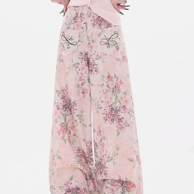 Nuovi jeans ricamati rosa stile cinese da donna Pantaloni estivi casual a gamba larga lunghi fino al pavimento con design stampato
