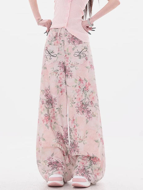 Nuovi jeans ricamati rosa stile cinese da donna Pantaloni estivi casual a gamba larga lunghi fino al pavimento con design stampato