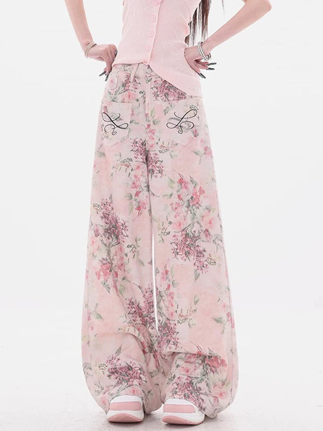 New women's pink embroidered Chinese style jeans Summer casual floor-length wide-leg pants with printed design