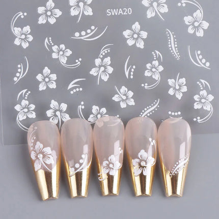 5D Hibiscus Flower Nail Embossed Sticker Acrylic Pink White Gold Petal Leaf Adhesive Decal Butterfly Dragon Floral Elegant Decor