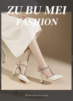 Scarpe con tacco sexy con rivetti Sandali con tacco alto da 10 cm Sandali con tacco alto da sera Sandali con tacco a spillo color nudo semplici con punta a punta platinumshop