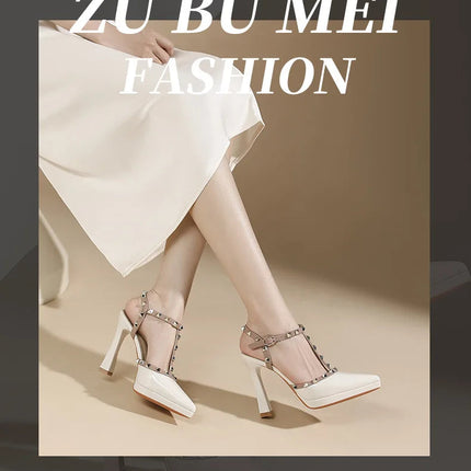 Scarpe con tacco sexy con rivetti Sandali con tacco alto da 10 cm Sandali con tacco alto da sera Sandali con tacco a spillo color nudo semplici con punta a punta platinumshop