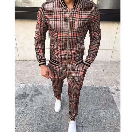 2025 Men Tracksuit 2pc Set Gym Hiking Plaid Zipper Hoodie Cargo Pants Autumn Athleisure Outfit Fleece Jogger Sportswear PlatiNum