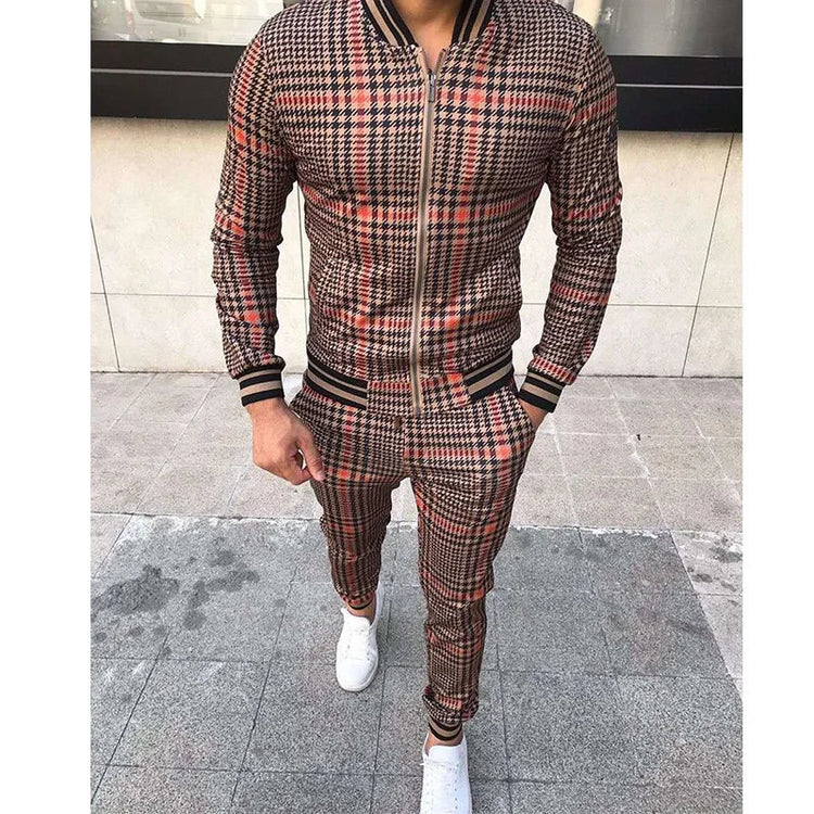2025 Men Tracksuit 2pc Set Gym Hiking Plaid Zipper Hoodie Cargo Pants Autumn Athleisure Outfit Fleece Jogger Sportswear PlatiNum