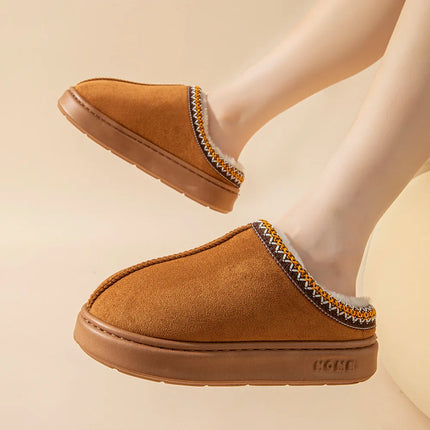 Men's High-End New Solid Color Faux Suede Patchwork Couple's Home Slippers, Thick-Soled, Non-Slip, Lightweight, Warm Cotton Slippers for Women