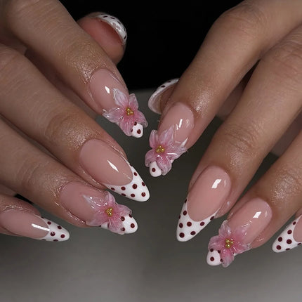 24pcs Pink Flower Almond Press on Nails Kawaii False Nails Wearable Stick-on Nails Fake Nail Uñas Postizas Накладные Ногти 네일팁2028