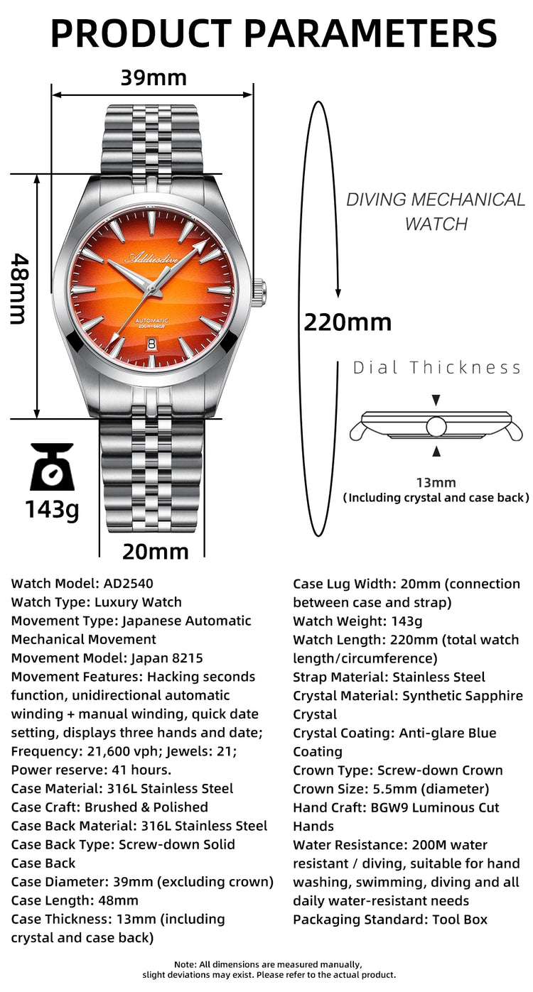 ADDIESDVIE Men Watch AD2540 Desert Dial 20Bar Waterproof 316L Stainless Steel BGW9 Luminous 8215 Mechanical Automatic Watches