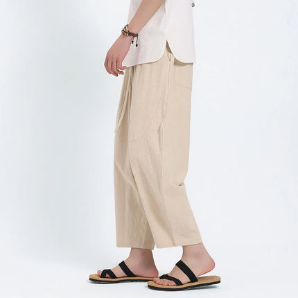 Pantaloni Harem in Cotone e Lino da Uomo, Casual, Traspiranti, Comodi, Estivi, Lunghezza al Polpaccio, Taglie Forti fino a 5XL
