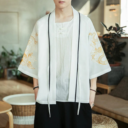 Japan Samurai Shirt uomo ricamato Kimono giapponese manica corta Cardigan uomo estate sottile moda Casual Yukata Cardigan Top uomo