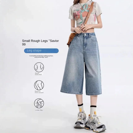 Women's Vintage Wide Leg Denim Capri Pants Shorts Summer New Plus Size Tummy Control Loose Straight Leg Casual Streetwear PlatiNum