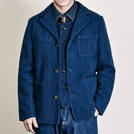 Men's Indigo Cargo Jacket Height Weight Cotton Lapel Multi-pocket Jacket Male French Vintage Thick Workwear Tooling Jacket Coat