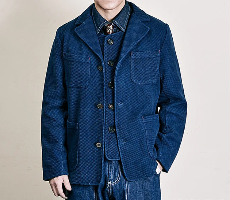 Men's Indigo Cargo Jacket Height Weight Cotton Lapel Multi-pocket Jacket Male French Vintage Thick Workwear Tooling Jacket Coat