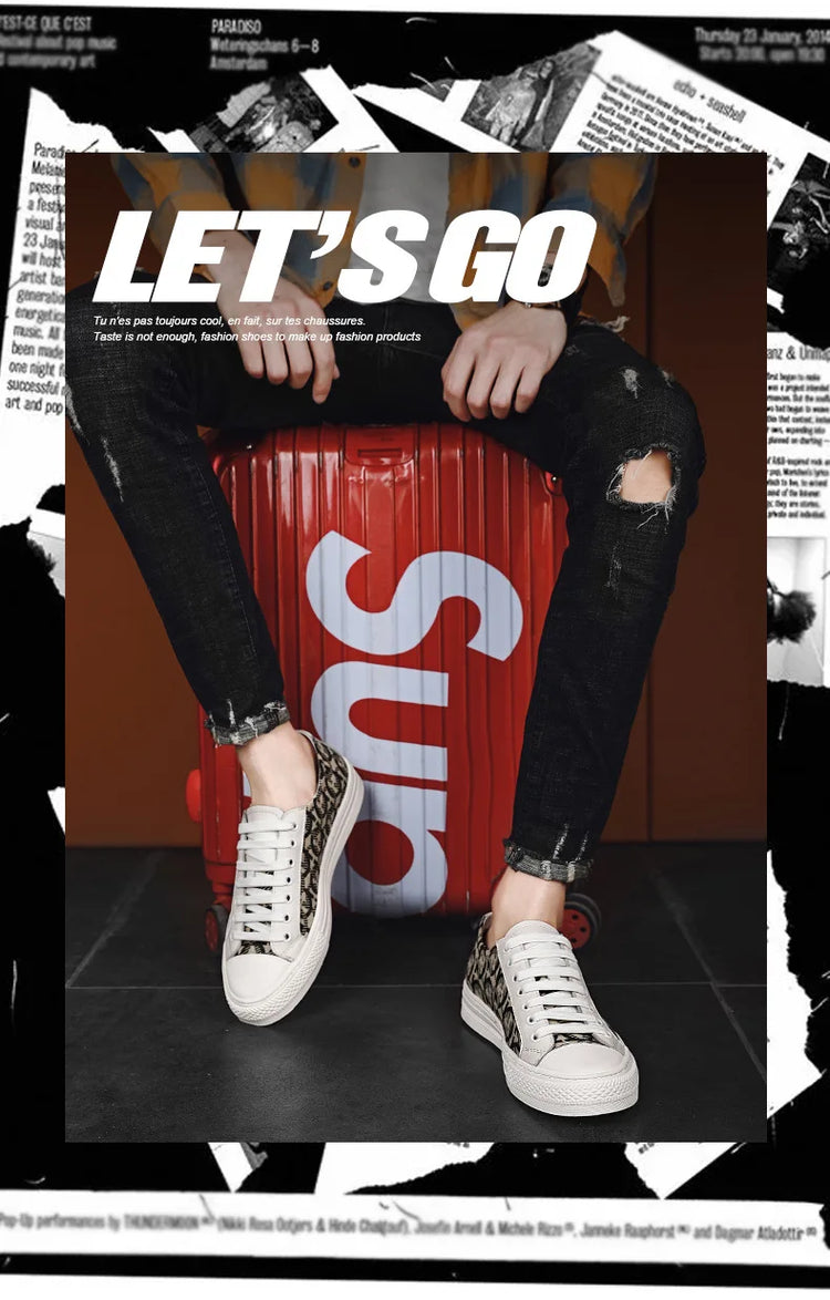 New Shoes for Men Genuine Leather Patchwork Casual Shoes Trend Flat Skateboard Shoes Youth Cool Lace-up Sneakers