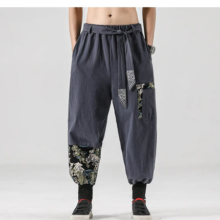 Pantaloni da uomo Costume da samurai giapponese Ukiyo-e Cintura con stampa Pantaloni stile harem da uomo in cotone e lino Pantaloni casual Harajuku da uomo Taglie forti 5XL
