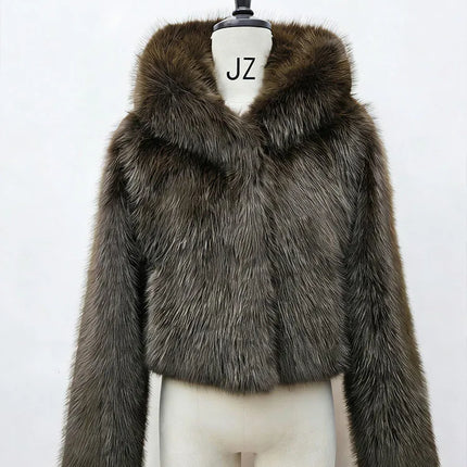 BKQU Winter Pink Imitation Fur Coat Elegant Big Fur Trim Hood Women's Jacket Warm Plush Cropped Sweet Lady Faux Fur Coat  2026