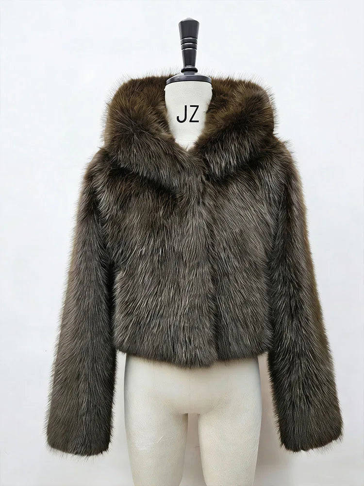 BKQU Winter Pink Imitation Fur Coat Elegant Big Fur Trim Hood Women's Jacket Warm Plush Cropped Sweet Lady Faux Fur Coat  2026
