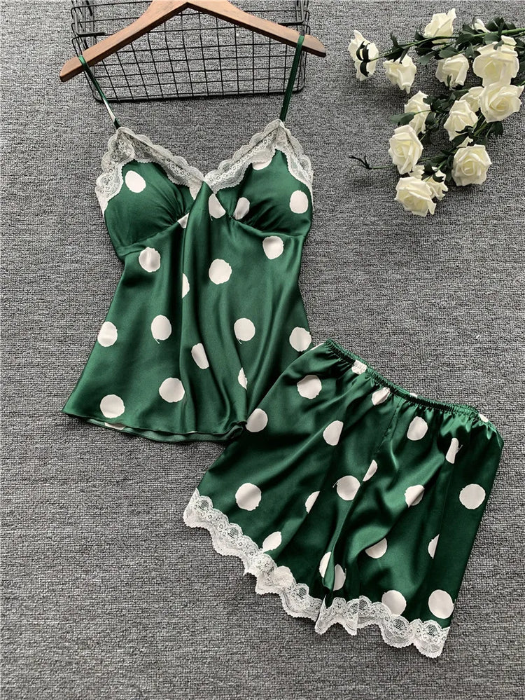 Nuovo set di biancheria intima da donna in due pezzi, composto da canotta e pantaloncini in raso a pois, stile europeo e americano, semplice e casual.