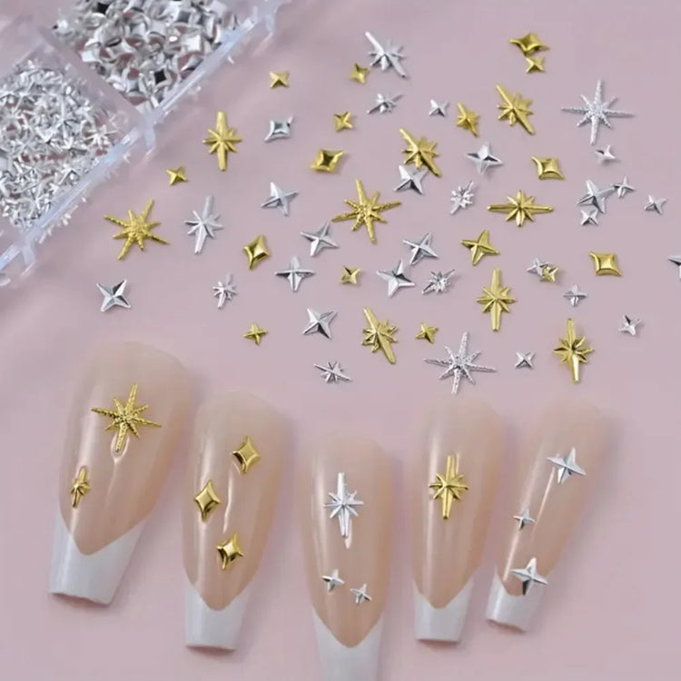 Golden & Silvery Metallic 3D Star Nail Art Charms and Gems - Mixed Styles for DIY Nail Decor, Hypoallergenic Manicure Jewelry2028