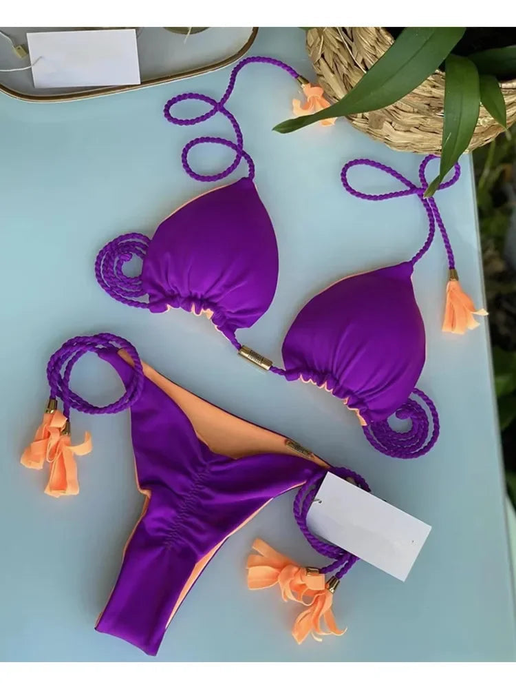 Nuovo Bikini da Donna Multicolore con Triangolo e Laccetti sulla Schiena platinumshop