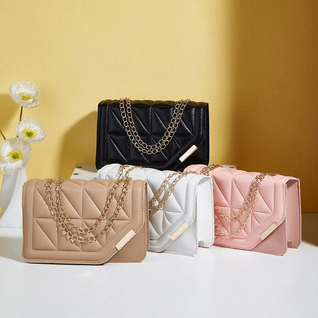 Trendy Embroidered Square Bag  - Diamond Pattern Shoulder Purse with Chain Strap & Magnetic Closure PlatiNum