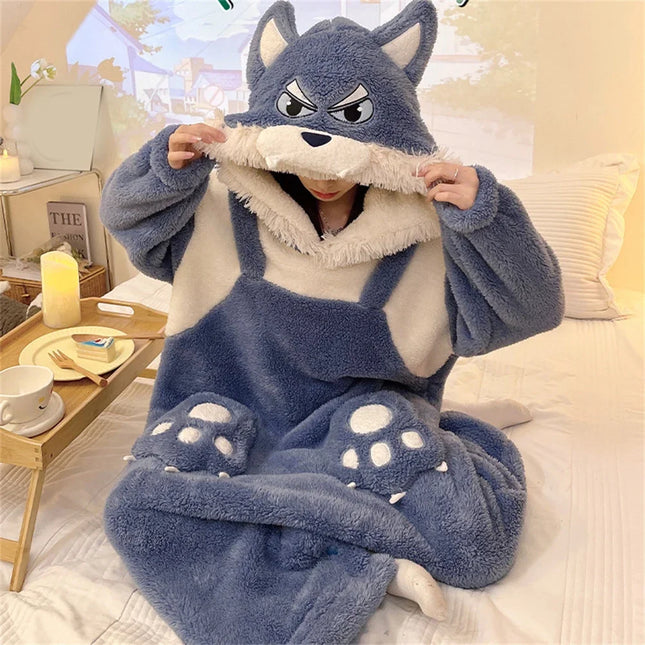 Coral Fleece Cartoon Wolf Jumpsuit Pajamas Women Winter Thick Warm Hooded Cute Loose Homewear Sleepwear Cosplay Onesies Kigurumi