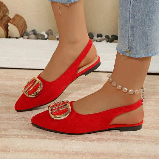 French Pointed-toe Metal Flat Shoes Baotou Sandals Shallow-mouth Single Shoes Foreign-style Explosive Internet Celebrity