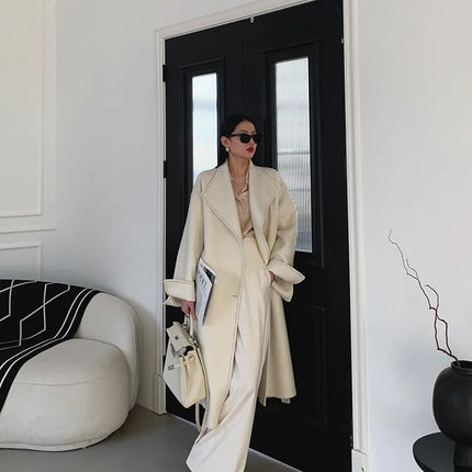 New Solid Korean Style Women Wool Coat Arch Needle Large Neck Versatile Fashion Texture Double Sided Trench Coats Female Winter