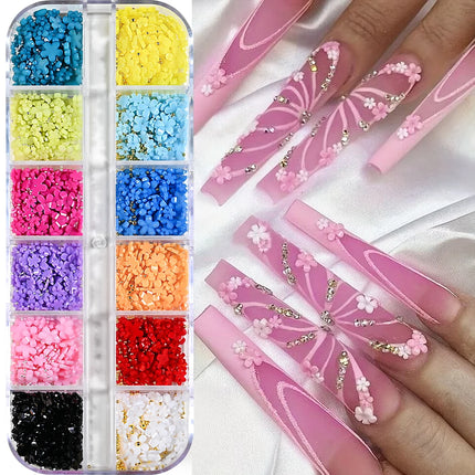 1box 3D Flower Bow Nail Art Decorations Kit Pink/White Acrylic Floral/Peal Beads Nail Charm with Wax Pen/Tweezer 4/6mm Nail Part Nail