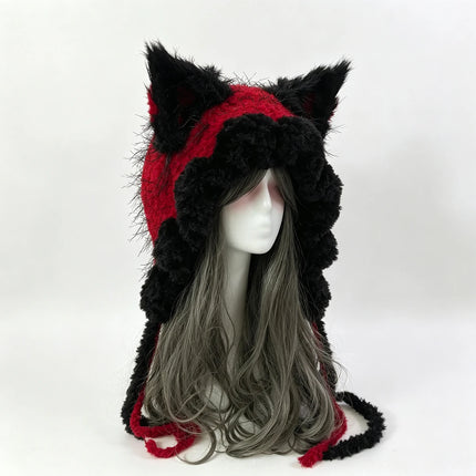 Custom Hand‑Crocheted Black Red Fox Ear Hood Women Soft Knitted Long Ties Beanie Gothic Unisex Dark Fairy Winter Warm Accessory