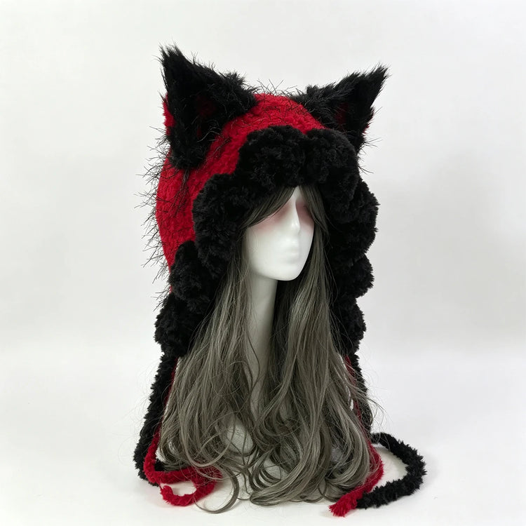 Custom Hand‑Crocheted Black Red Fox Ear Hood Women Soft Knitted Long Ties Beanie Gothic Unisex Dark Fairy Winter Warm Accessory