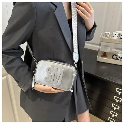 Chic SM Letter Camera Bags, Stylish Women’s Crossbody Small Square Purses with Wide Patterned Straps, Perfect for Daily Casual PlatiNum