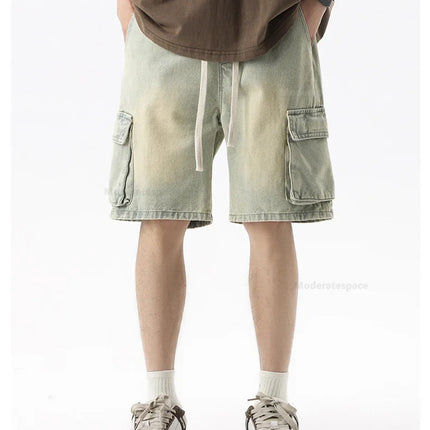 Pantaloncini di jeans alla moda retrò estivi per uomo Jeans corti multitasche larghi con gamba dritta con elastico in vita e coulisse da uomo