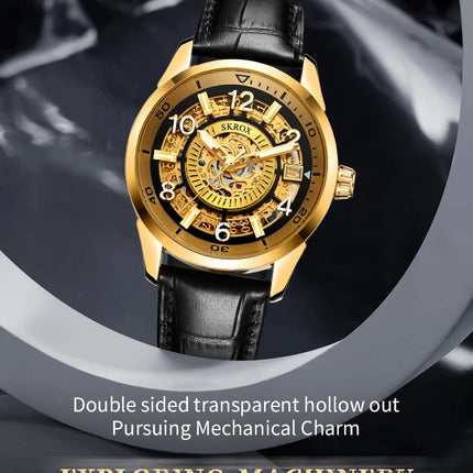 SKROX Original Gold Skeleton Automatic Movement Men's Watch Mechanical Waterproof Male Wrist Watches Leather Strap Luxury Clock