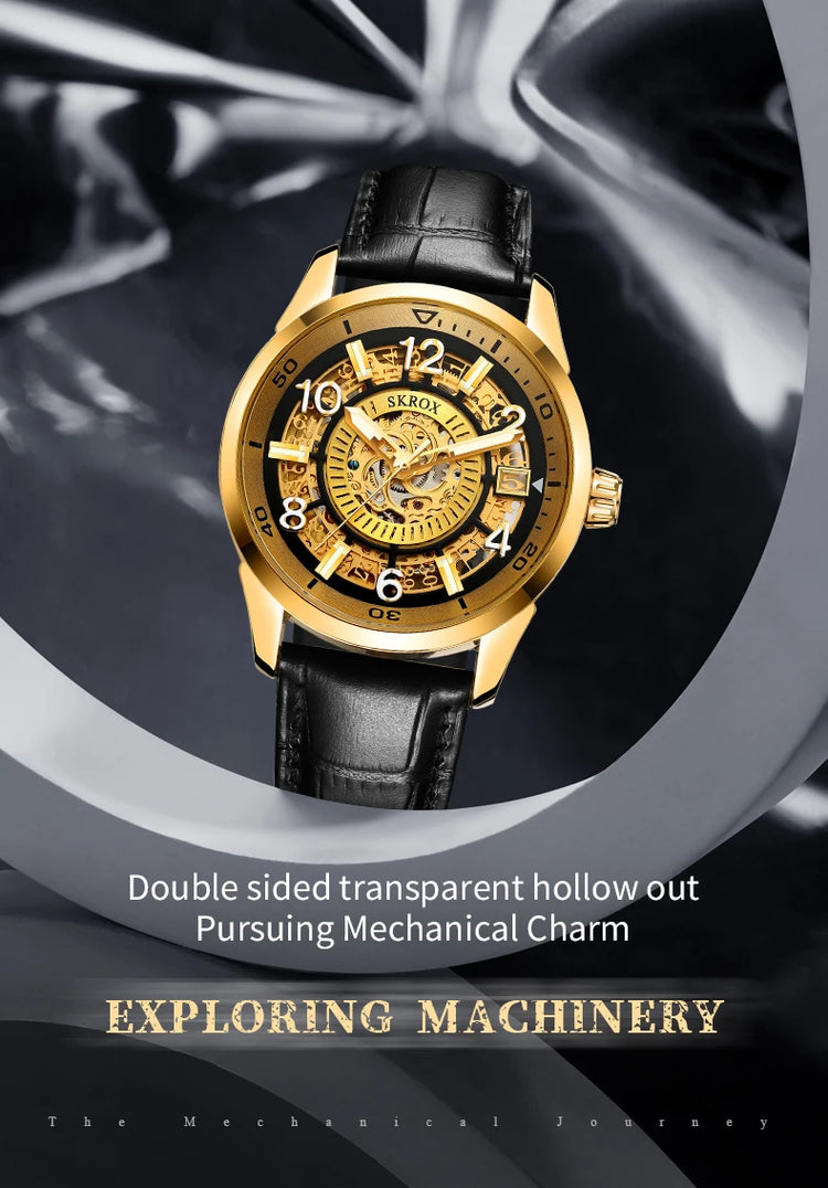 SKROX Original Gold Skeleton Automatic Movement Men's Watch Mechanical Waterproof Male Wrist Watches Leather Strap Luxury Clock
