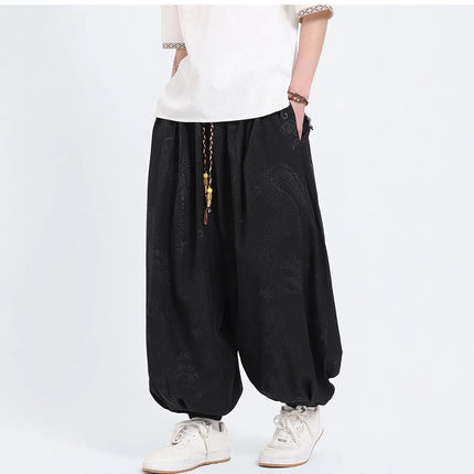 Pantaloni Estivi da Uomo Stile Cinese in Seta Ghiaccio con Motivo Drago Ukiyo-e, Comodi e Trendy, Pantaloni Casual Oversize da Uomo