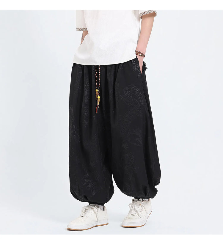 Pantaloni Estivi da Uomo Stile Cinese in Seta Ghiaccio con Motivo Drago Ukiyo-e, Comodi e Trendy, Pantaloni Casual Oversize da Uomo