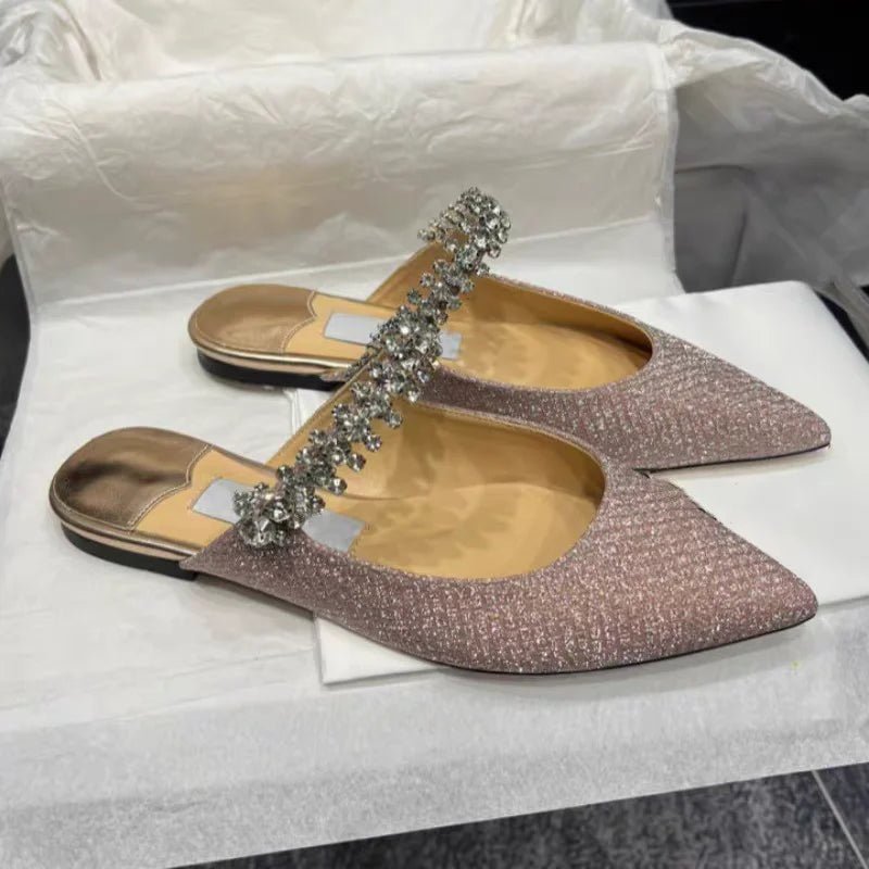 European and American Women Slippers 2025 Summer New Rhinestone High Heels Pointed Temperament Muller Shoes