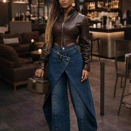 Jeans Larghi Vintage in Denim Lavato per Donna, Vita Alta con Asimmetrico Design Incrociato, Stile Y2K Streetwear Casual alla Moda