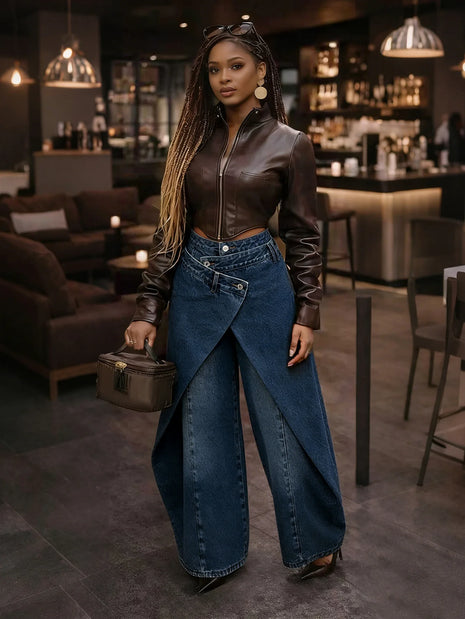 Jeans Larghi Vintage in Denim Lavato per Donna, Vita Alta con Asimmetrico Design Incrociato, Stile Y2K Streetwear Casual alla Moda