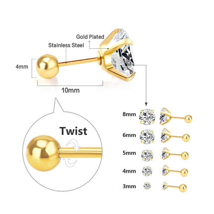 LUXUSTEEL 1Pairs/2Pcs Stainless Steel Crystal Studs Earrings For Women Men 4 Prong Tragus Round Clear Cubic Zirconia Ear Jewelry PlatiNum