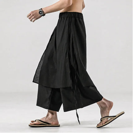 Pantaloni da uomo irregolari in cotone e lino, stile Harajuku, a gamba larga, tinta unita, casual, con elastico in vita, vestibilità ampia, stile punk