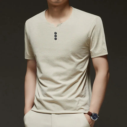 2025 New Men's Business Casual Three Button V-neck Short Sleeved T-shirt Korean Style Summer Comfortable Versatile Top PlatiNum