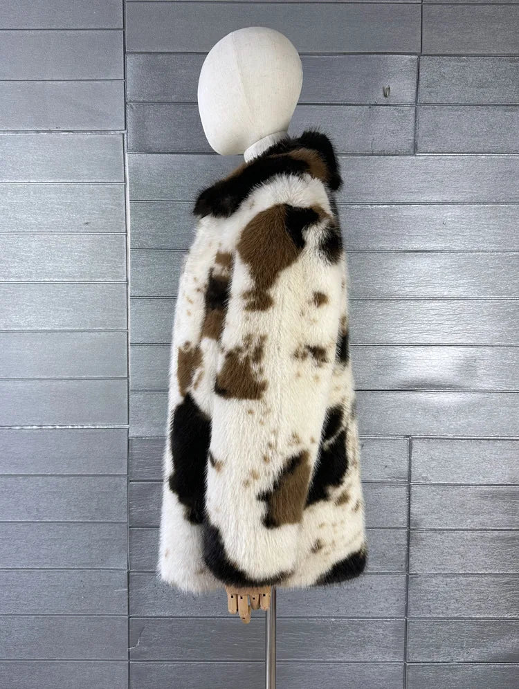 ZADORIN 2026 Chic Mid Long Cow Pattern Fluffy Faux Fur Coat Woman Lapel Loose Winter Fur Coats Woman Furry Jacket Fur Faux Coat