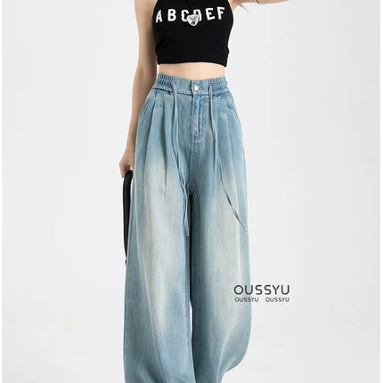 Estate di Lusso Morbido Accogliente 100% Tessuto Lyocell Donna Jeans Allentati Gamba Larga Elastico in Vita Pantaloni Moda Casual Più Lunghezza