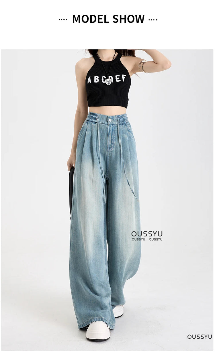 Estate di Lusso Morbido Accogliente 100% Tessuto Lyocell Donna Jeans Allentati Gamba Larga Elastico in Vita Pantaloni Moda Casual Più Lunghezza