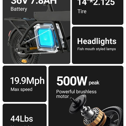 Bicicletta Elettrica REGALANGEL B20 Mini, Motore 250W, Batteria 36V 7.8AH, E-bike Urbana per Adulti, Pneumatici da 14 Pollici