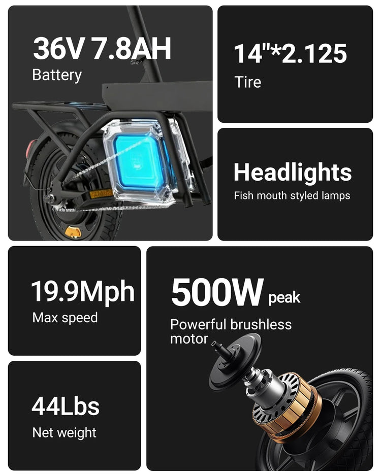 Bicicletta Elettrica REGALANGEL B20 Mini, Motore 250W, Batteria 36V 7.8AH, E-bike Urbana per Adulti, Pneumatici da 14 Pollici