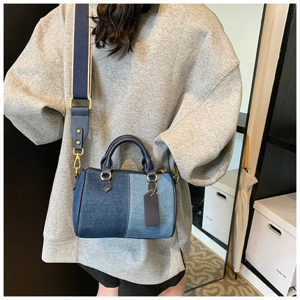 Patchwork Colorblock Mini Handbags For Women Denim Shoulder Cross Body Bags Casual Street Small Boston Bag 2025 Designer Purses PlatiNum