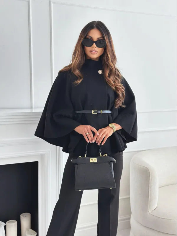 Women Single Buckle Batwing Sleeve Coat Autumn Winter Elegant Lady Tweed Waist Cinching Poncho Trend Thick Warm Loose Outwear