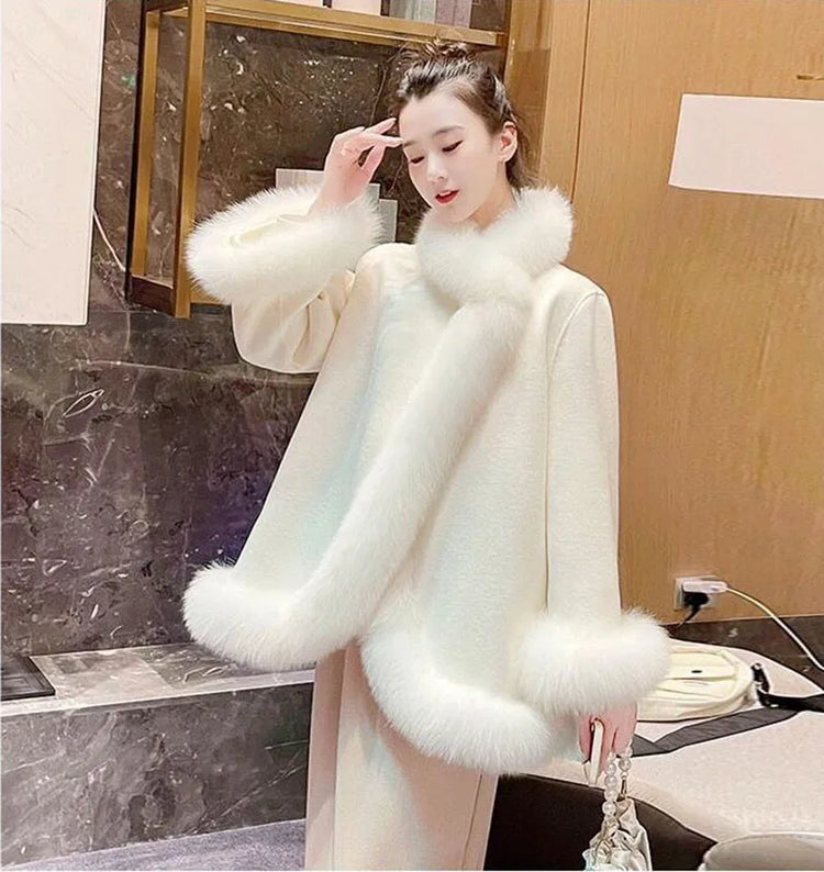 ZADORIN Elegant White Woolen Cape Faux Fur Coat Woman Fur Trim Loose Plush Fur Jacket Woman 2025 Winter Fur Faux Coat Outerwears